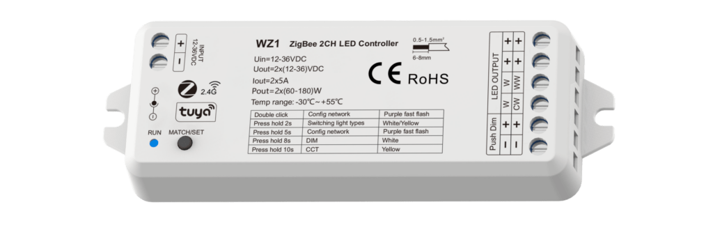 Controlador Tuya Fita LED Zigbee 12/24/36V 120/240/360W 2 Canais