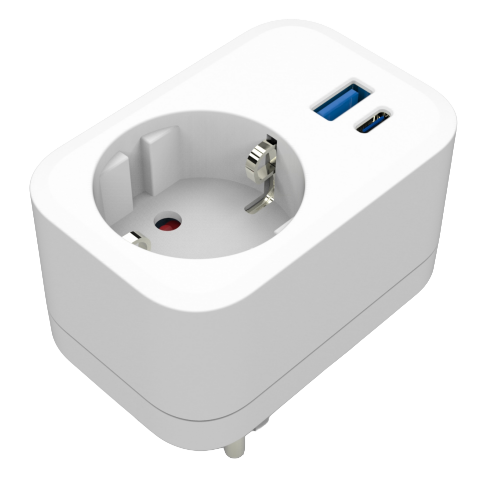 Adaptador Ficha Shucko 16A com Saídas 5V USB-A e USB-C PD 20W