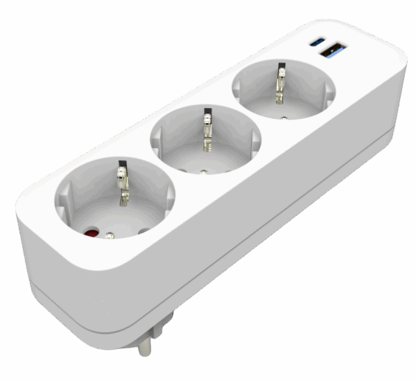 Ficha Tripla 16A com Saídas 5V USB-A e USB-C PD 20W
