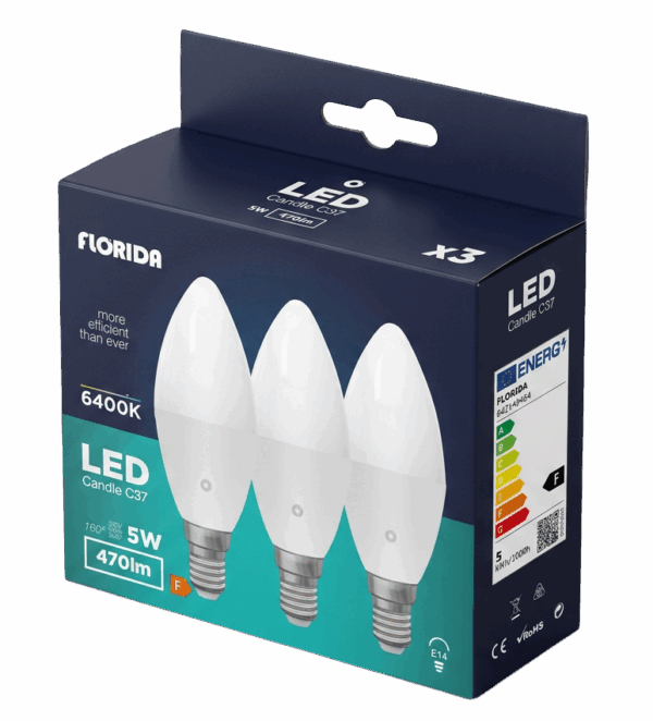 Pack de 3 Lâmpadas LED C37 4,8W 470lm E14 6400K