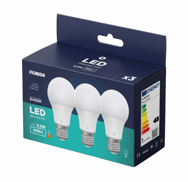 Pack de 3 Lâmpadas LED A60 8,5W 810lm E27 6400K